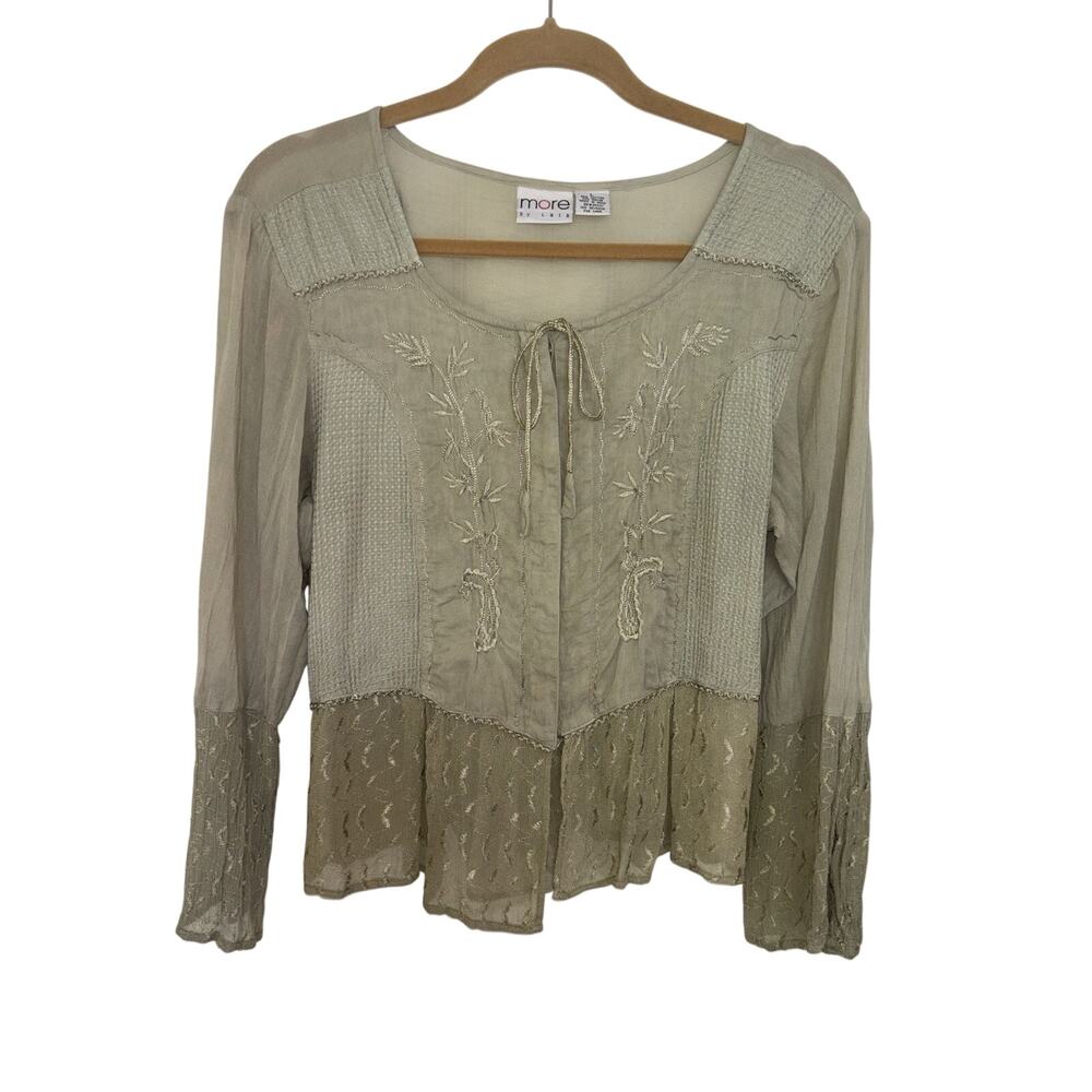 Vintage Y2K Sage Green Embroidered Lace Boho Top M/L Forest Fairy Romantic